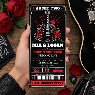Rock Concert Ticket Black Red Guitar Roses Wedding Invitation