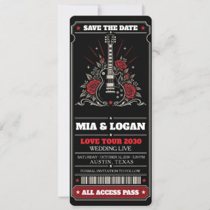 Rock Concert Ticket Black Red Guitar Roses Wedding Save The Date