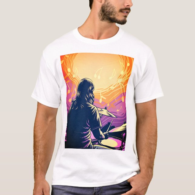 Rock Drummer with Music Notes T-Shirt (Front)
