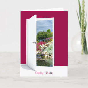 Rock garden and waterfall in open door birthday card