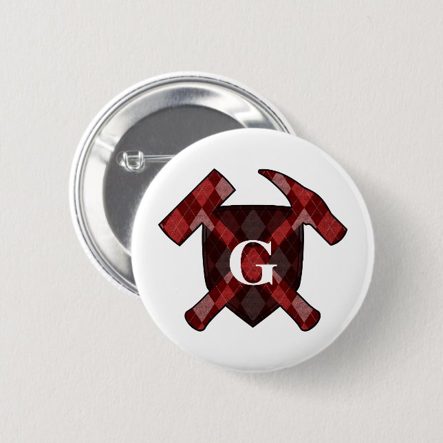 Rock Hammer Shield- Red Argyle Monogram 2 Inch Round Button (Front & Back)
