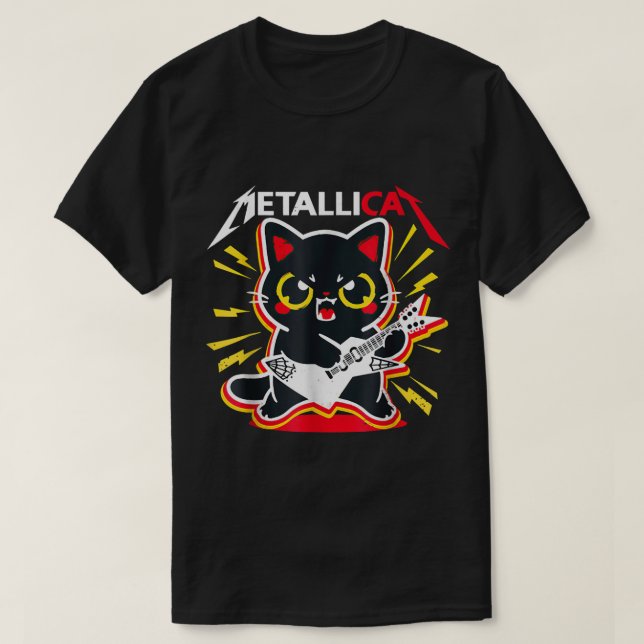 Rock Kitty Guitar Player Cute Metal Cat Design T-Shirt (Design Front)