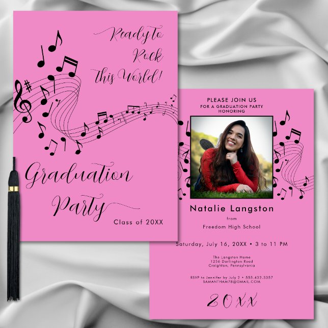 Rock Music Black & Pink Photo Graduation Party Invitation (Creator Uploaded)
