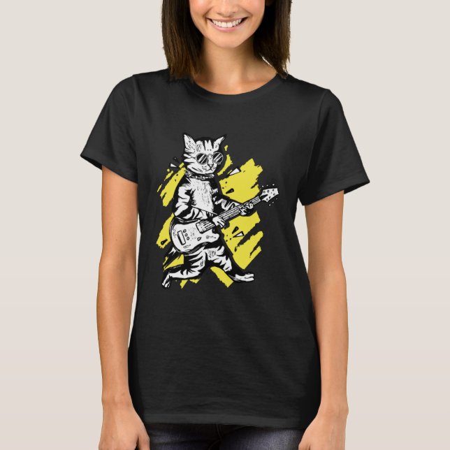 Rock Music Cool Cat With Sunglasses Playing Guitar T-Shirt (Front)