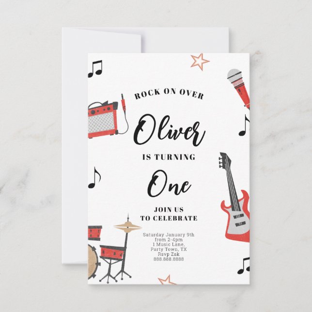 Rock Music Invitation Anniversaire Guitare et batt (Devant)