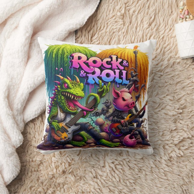 Rock Musicians With Animal Characters in Forest Throw Pillow (Blanket)