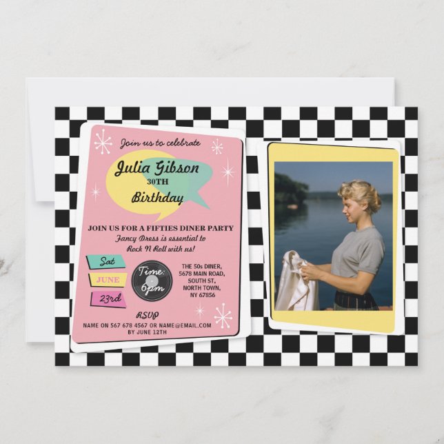 Rock N Roll 1950s Birthday Pink Retro Photo Invite (Front)