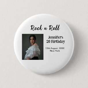 Rock n roll 20th birthday girl photo elegant moder 2 inch round button