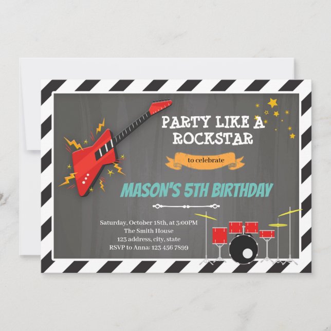 Rock n roll birthday theme party invitation (Front)