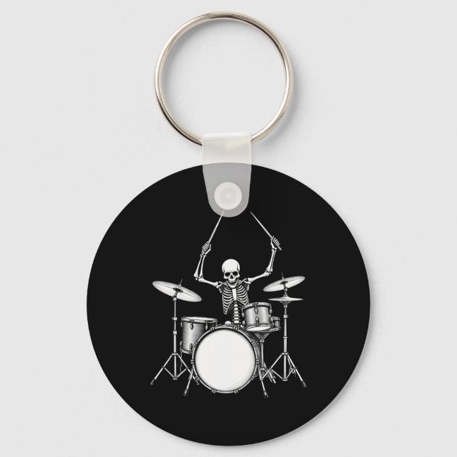 Rock N Roll Drummer Skeleton Playing Drums  Keychain (Front)