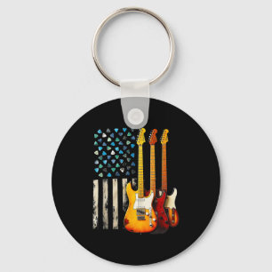 Rock N Roll Electric Guitar Retro Usa American Fla Keychain