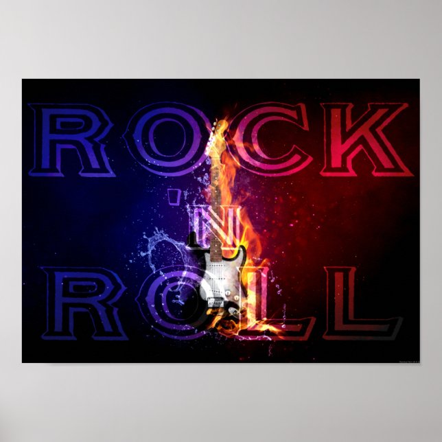 Rock n Roll Fire Flaming Electric Guitar Music Poster (Front)