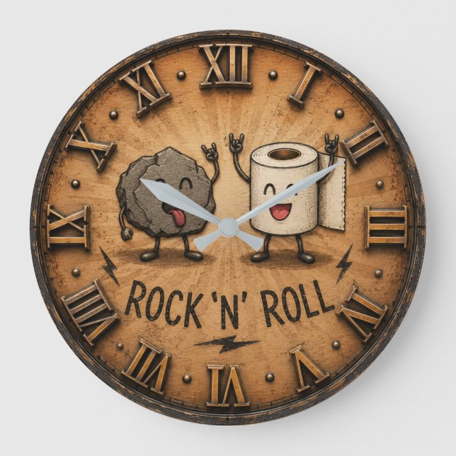Rock 'N' Roll Funny Rock Paper Scissors Bathroom Large Clock (Front)