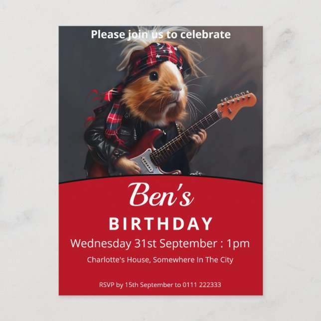 Rock n Roll Guinea Pig Birthday Party Invitation Postcard (Front)