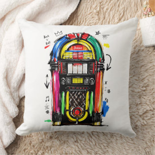 Rock N Roll Jukebox Colourful Retro Art Throw Pillow