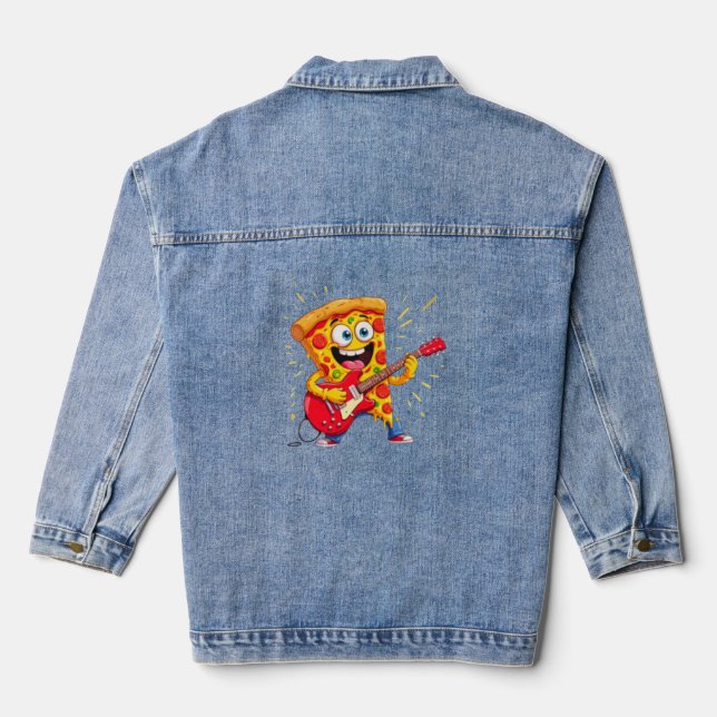 **Rock ’n’ Roll Pizza – Funny Guitar-Playing Slice Denim Jacket (Back)