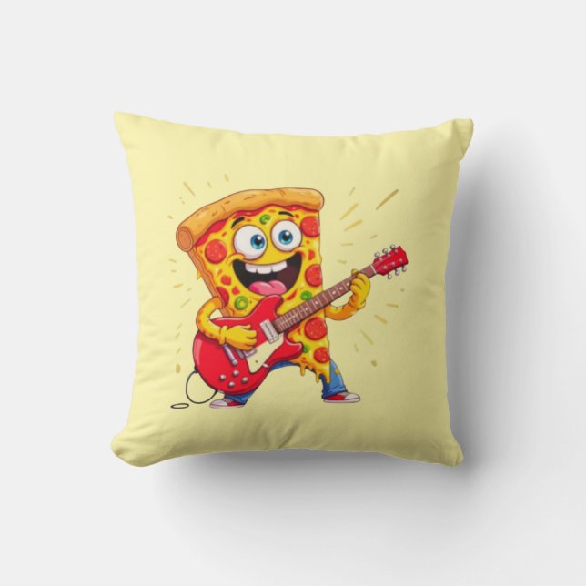 **Rock ’n’ Roll Pizza – Funny Guitar-Playing Slice Throw Pillow (Front)