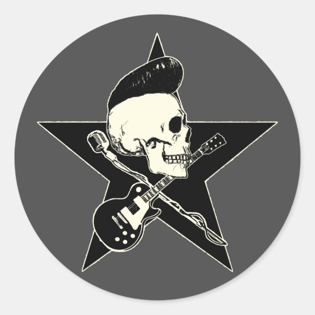 Rock-n-Roll Skull Classic Round Sticker (Front)