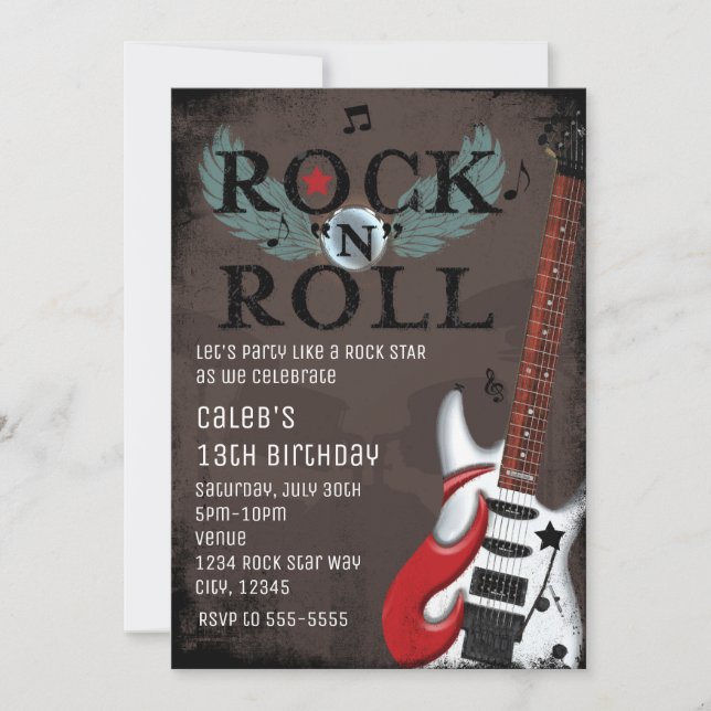 Rock N Roll Star Grunge Birthday Party Invitations (Front)