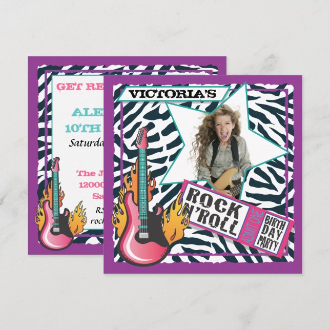 Rock N'Roll Rock Star Birthday Party Invitations (Front/Back)