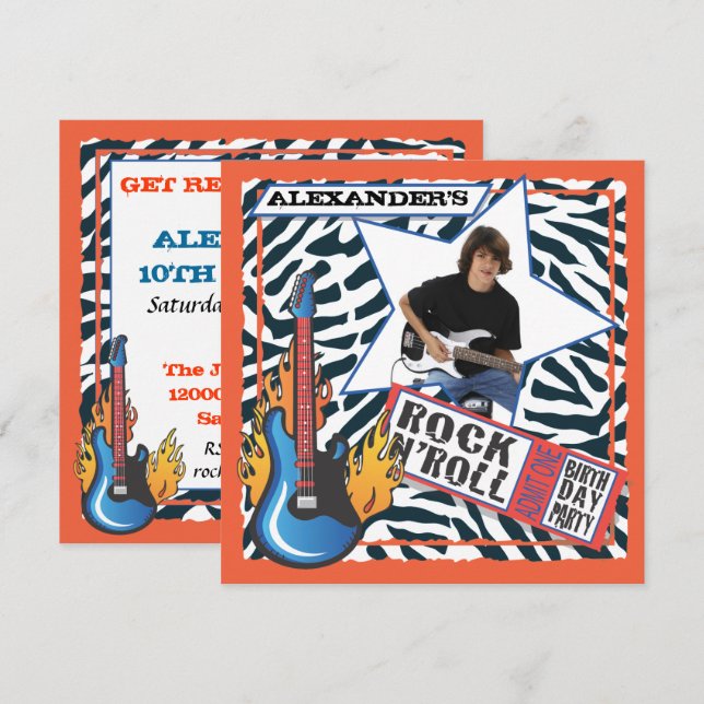 Rock N'Roll Rock Star Birthday Party Invitations (Front/Back)