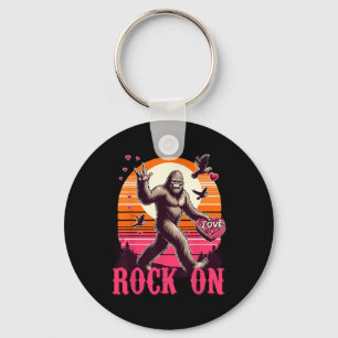 Rock On Bigfoot Sasquatch Yeti Valentines Day Retr Keychain