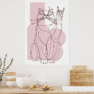 Rock On Cat Pink Minimal Line Art Poster