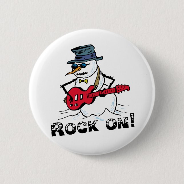 Rock On Guitar Playing Snowman 2 Inch Round Button (Front)
