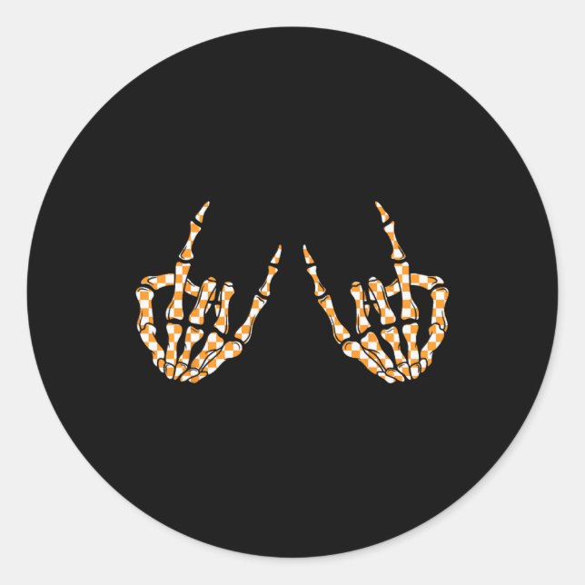 Rock On Halloween Chequered Pattern Skeleton Hand  Classic Round Sticker (Front)