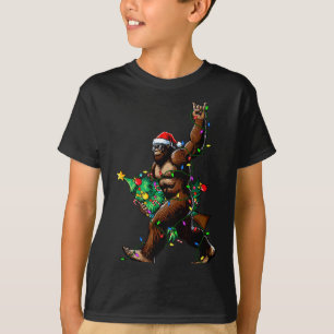 Rock On Santa Bigfoot Christmas Tree Xmas Lights S T-Shirt
