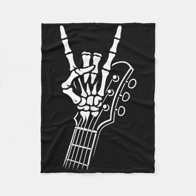 Rock On Skeleton Guitar Hand Sign Rock And Roll Ba Fleece Blanket (Front)