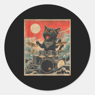 Rock On Vintage Drummer Cat Cool Band Style Gift  Classic Round Sticker