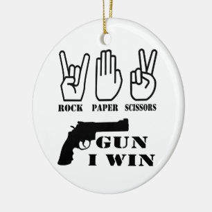 Rock Paper Scissors Gun I Win Ceramic Ornament