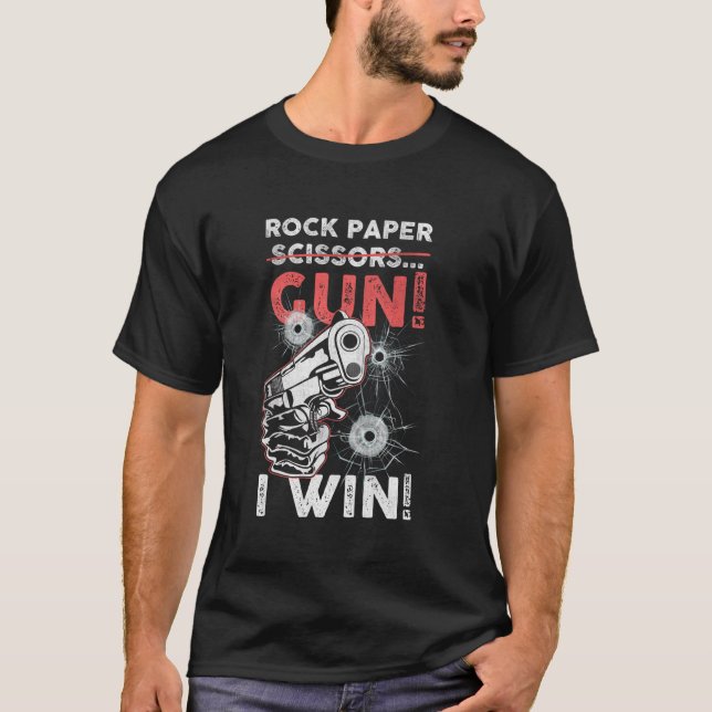 Rock Paper Scissors  Gun I Win! Distressed Look T-Shirt (Front)