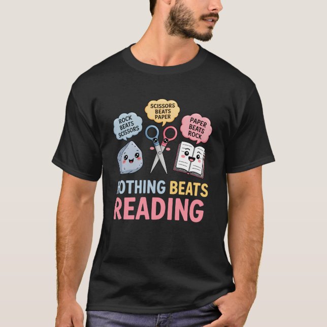 Rock Paper Scissors Nothing Beats Reading Funny Bo T-Shirt (Front)