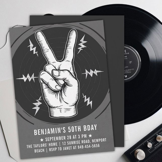 Rock Party Peace Sign BW Adult Modern Fun Birthday Invitation (music musician rock adult birthday party invitation men modern black white peace sign drawing)