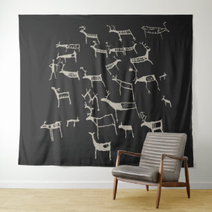 Rock Petroglyph Ancient European Deer Hunting Tapestry