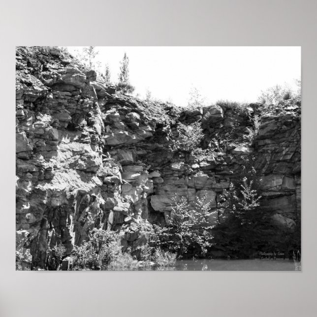 Rock Quarry Cliff Wall Pond Black And White  Poster (Front)