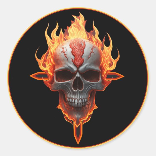 Rock & Roll Band Heavy Metal Music Flaming Skull Classic Round Sticker (Front)