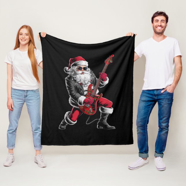 Rock & Roll Christmas Santa Claus Guitar Player Fleece Blanket (In Situ)