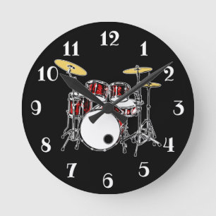Rock & Roll Drum Kit Drummer Musician Drumming Rou Round Clock