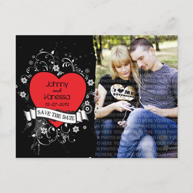 Rock & Roll Grungy Heart Photo Save the Date Announcement Postcard (Front)
