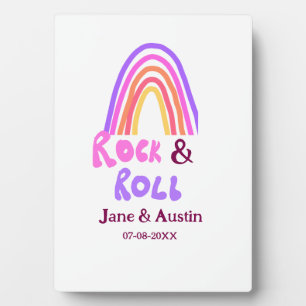 Rock & roll wedding add couple name retro rainbow plaque