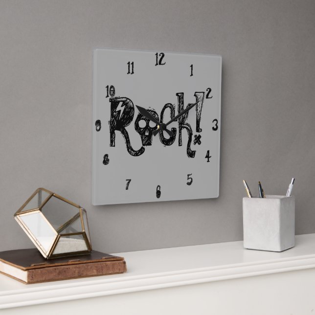 Rock Skull Typography Black Grey Square Wall Clock (Office)