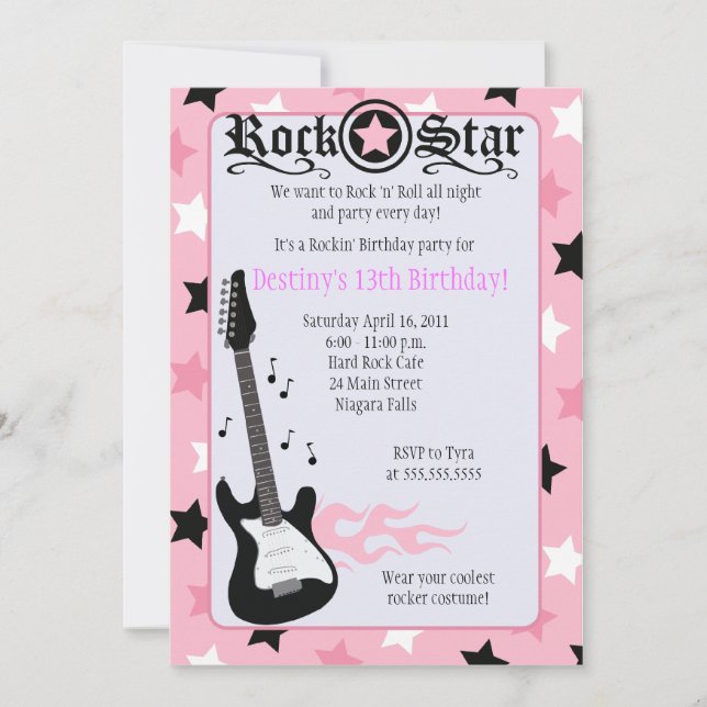ROCK STAR 5x7 rose Rocker Invitation d'anniversair (Devant)