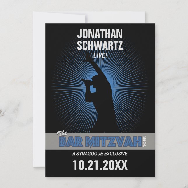 Rock Star Bar Mitzvah in Black Silver Blue Invitation (Front)