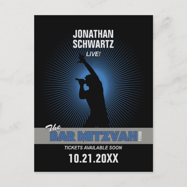 Rock Star Bar Mitzvah Save the Date Black Silver Announcement Postcard (Front)