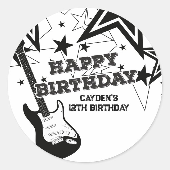 Rock Star Birthday Guitar Black White Stars Classic Round Sticker (Front)