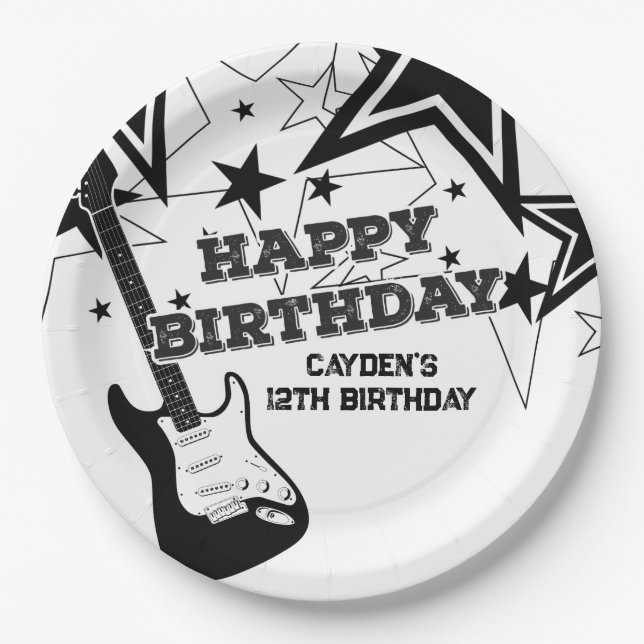 Rock Star Birthday Guitar Black White Stars Paper Plate (Front)