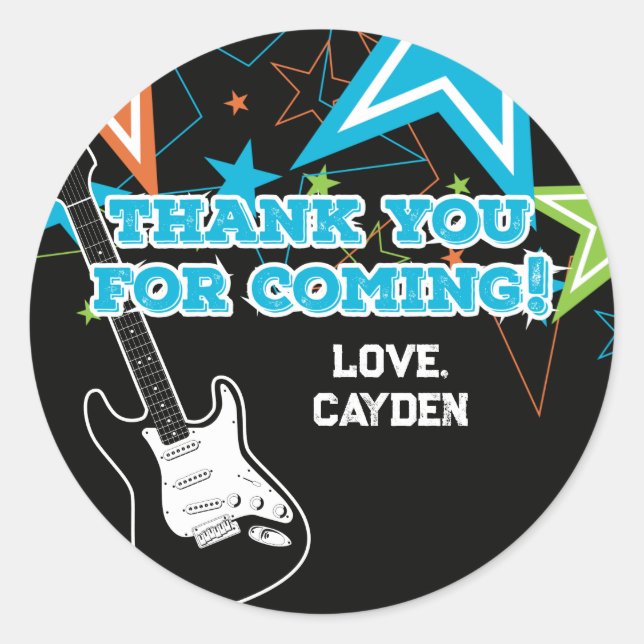 Rock Star Birthday Guitar blue orange Classic Round Sticker (Front)